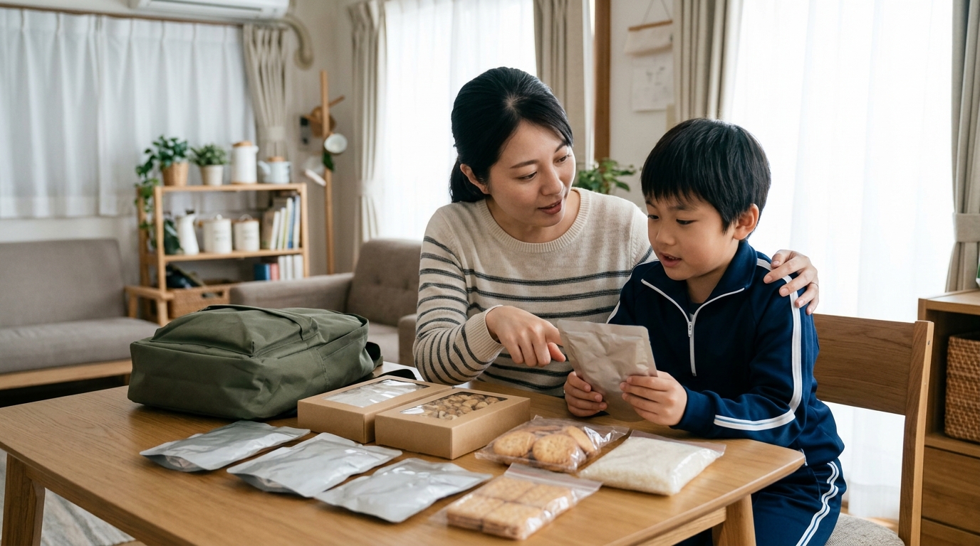 小学生の非常食を選ぶ日本人女性