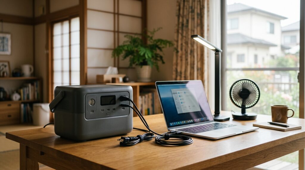 ポータブル電源と家電を接続しながら、停電対策や使用容量を確認しているイメージ