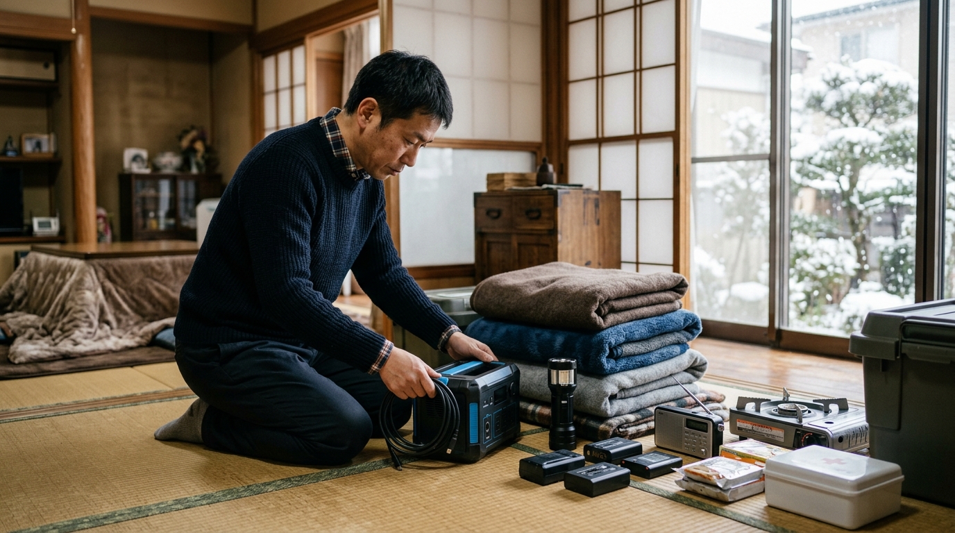 冷凍保存や備蓄期限を確認している男性の様子