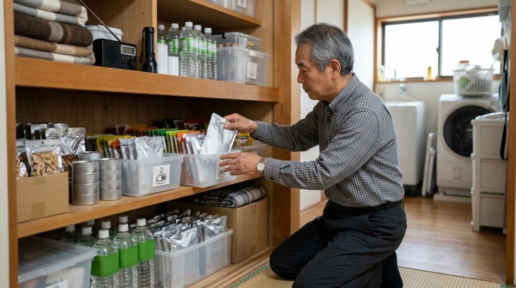 鍋料理や保存食品を確認しながら、常温放置や保存期限に注意しているイメージ