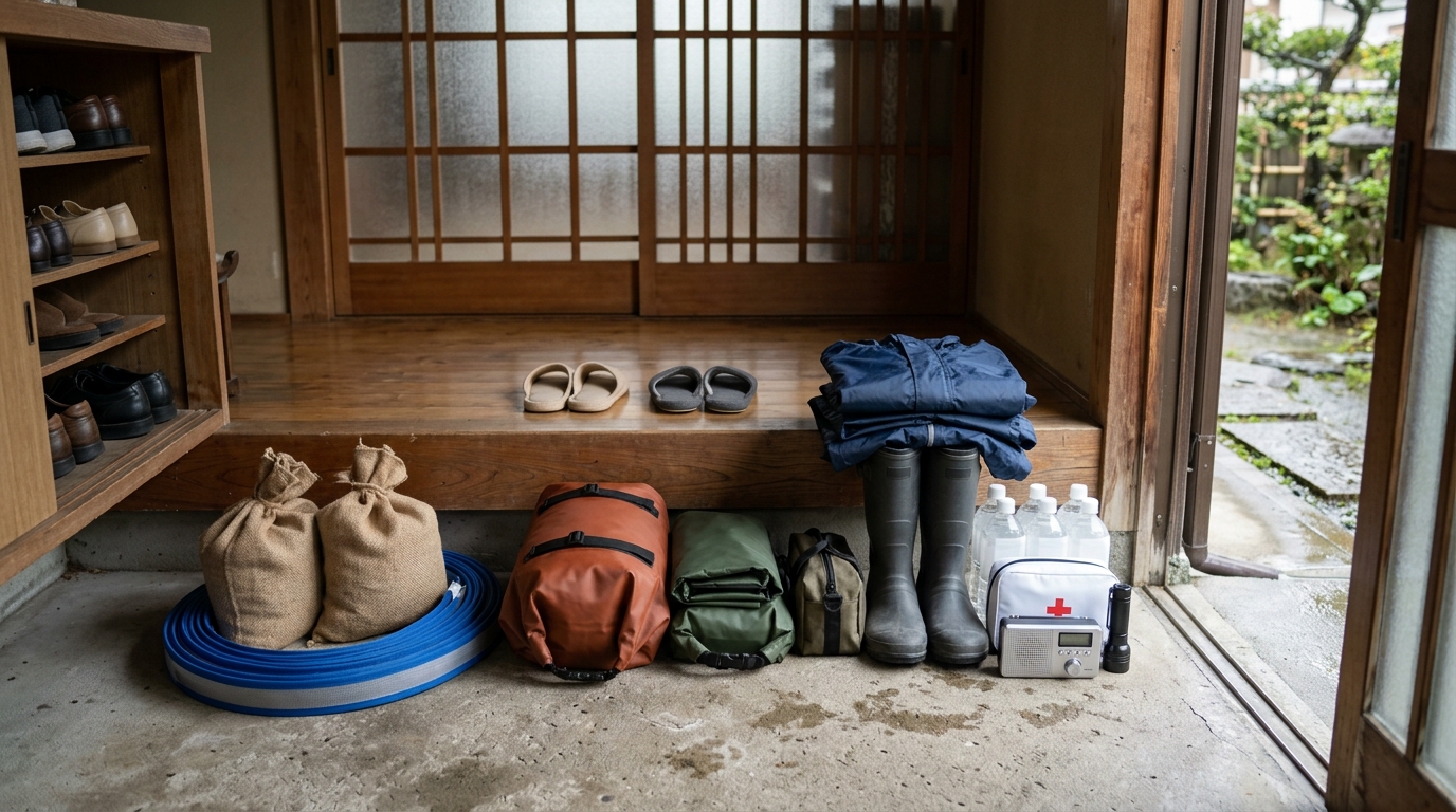 防災用品や収納ボックスを並べた、大雨対策と備蓄準備のイメージ