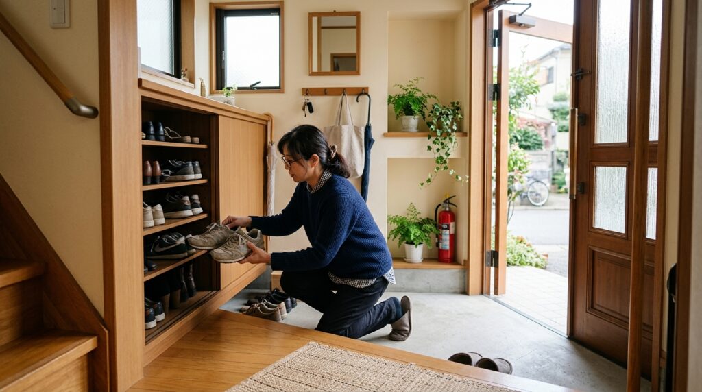 靴を並べながら、防災備蓄の購入や管理を考えるイメージ