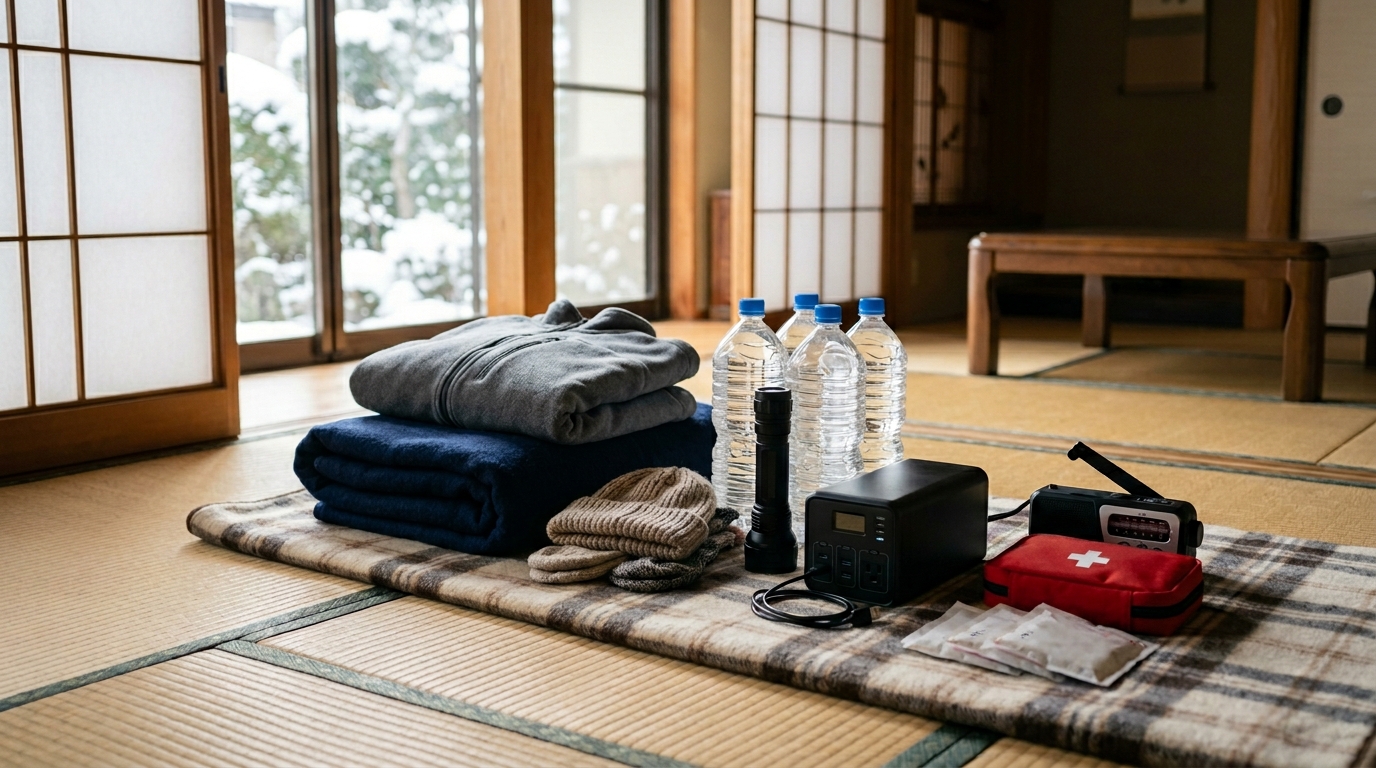 雪見だいふくの賞味期限をテーマに、備蓄食品や生活用品が整えられた家庭内の備えを表すイメージ画像