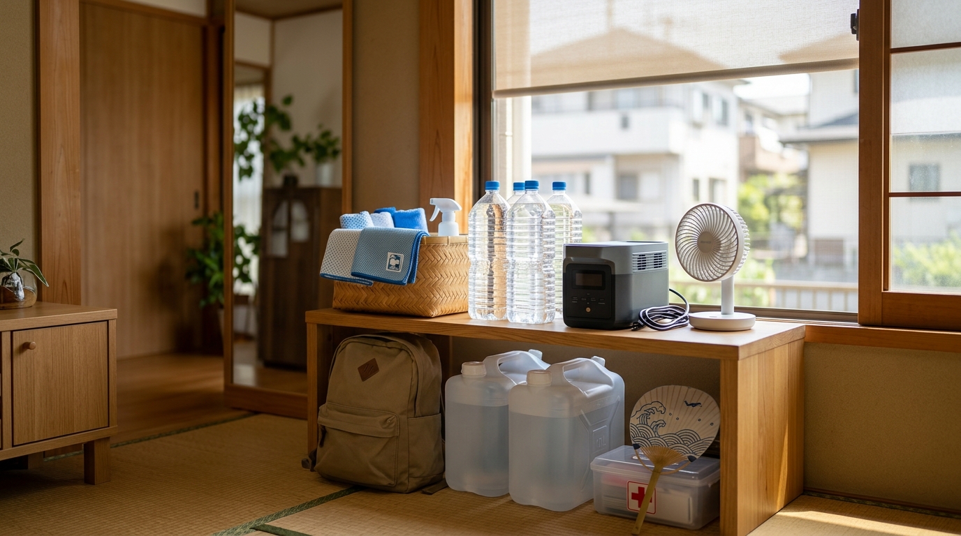 地震ない国はどこかというテーマに合わせ、備蓄品や防災設備、持続可能な電源対策を表現したイメージ