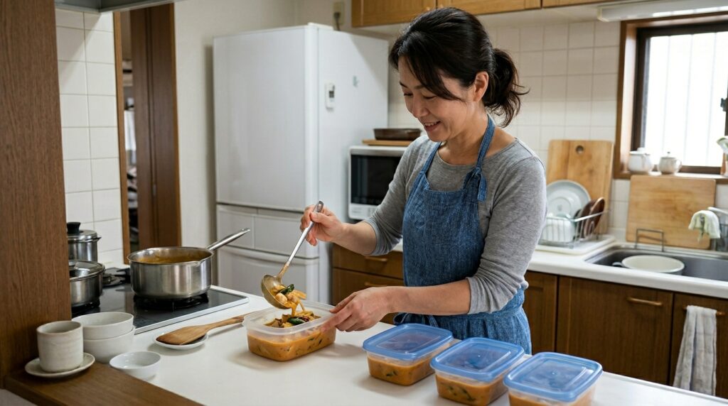 タイカレーを保存容器に小分けしながら、作り置きや備蓄保存を行うイメージ