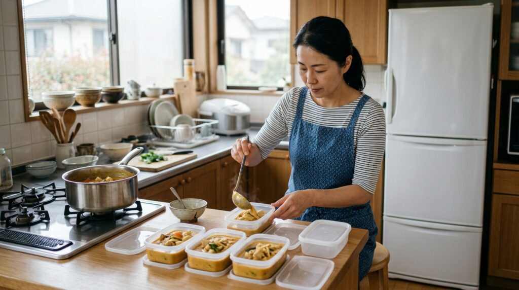 作り置き料理を保存容器へ分けながら、非常食や備蓄不足への備えを考えるイメージ