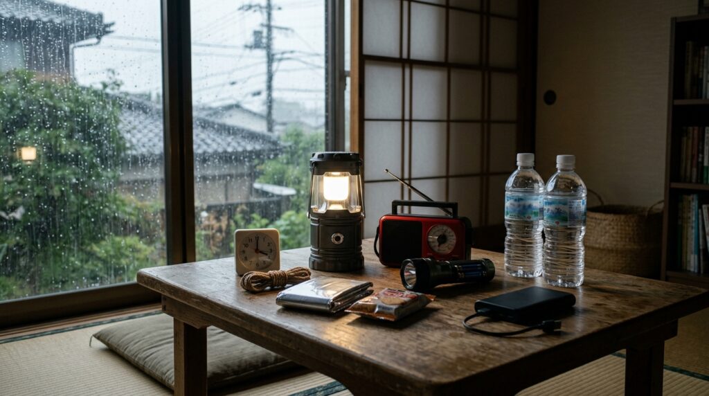 防災対策として非常用品や備蓄品を整理し、地震への備えを確認する様子を表すイメージ画像
