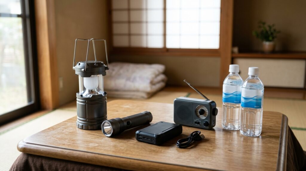 ポータブル電源や防災用品を机に並べ、停電対策や備蓄準備を確認しているイメージ