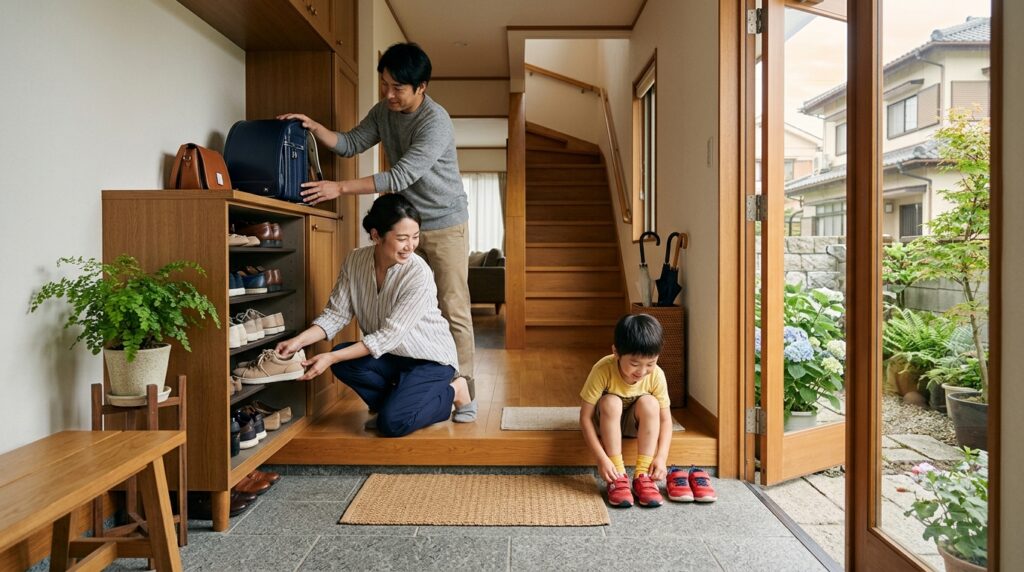 家族で防災用品や生活必需品を整理しながら備蓄の準備を進める様子を表すイメージ画像