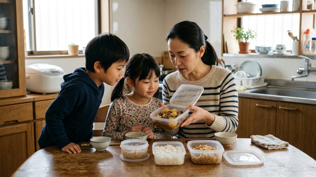 家族で保存食や備蓄品の内容を確認しながら防災対策を進める様子を表すイメージ画像