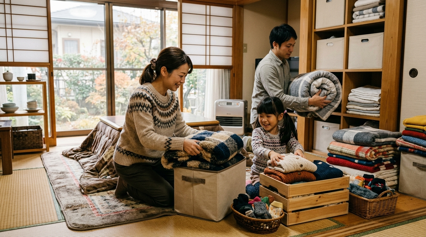 大地震は冬に多いのはなぜを意識し、女性が寒冷期の避難生活に必要な備蓄品を見直しているイメージ画像
