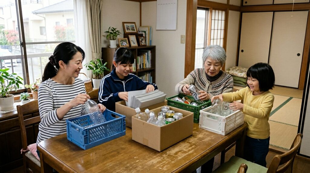 家族で防災用品を整理しながら地震や災害への備えについて確認している様子を表すイメージ画像