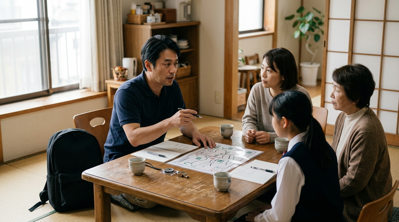 調理せずに食べられるものを備蓄するため、スーパーで購入した保存食品を整理する男性を表したイメージ画像