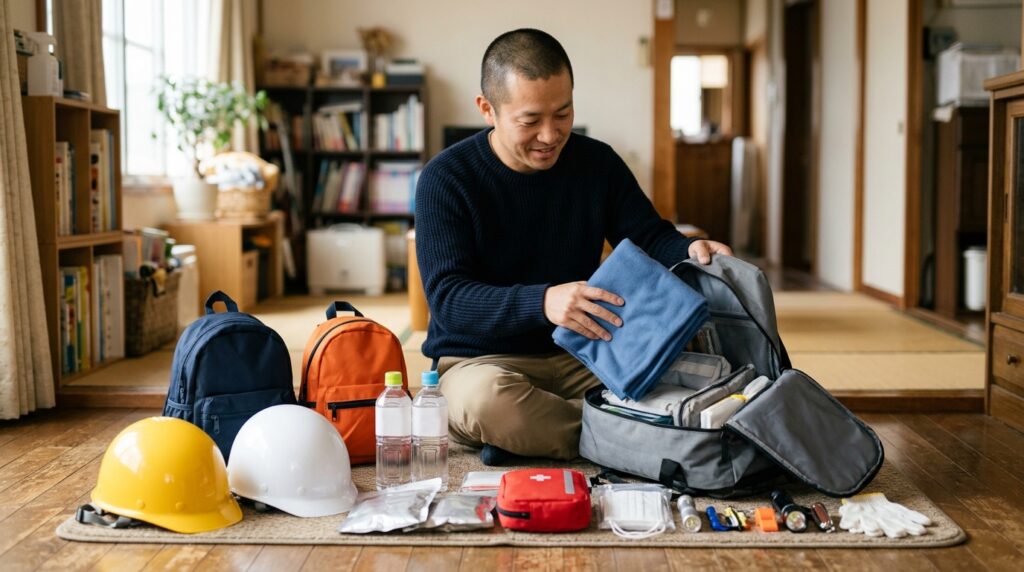 防災リュックを準備しながら停電対策や非常時の備えを進める様子を表すイメージ画像