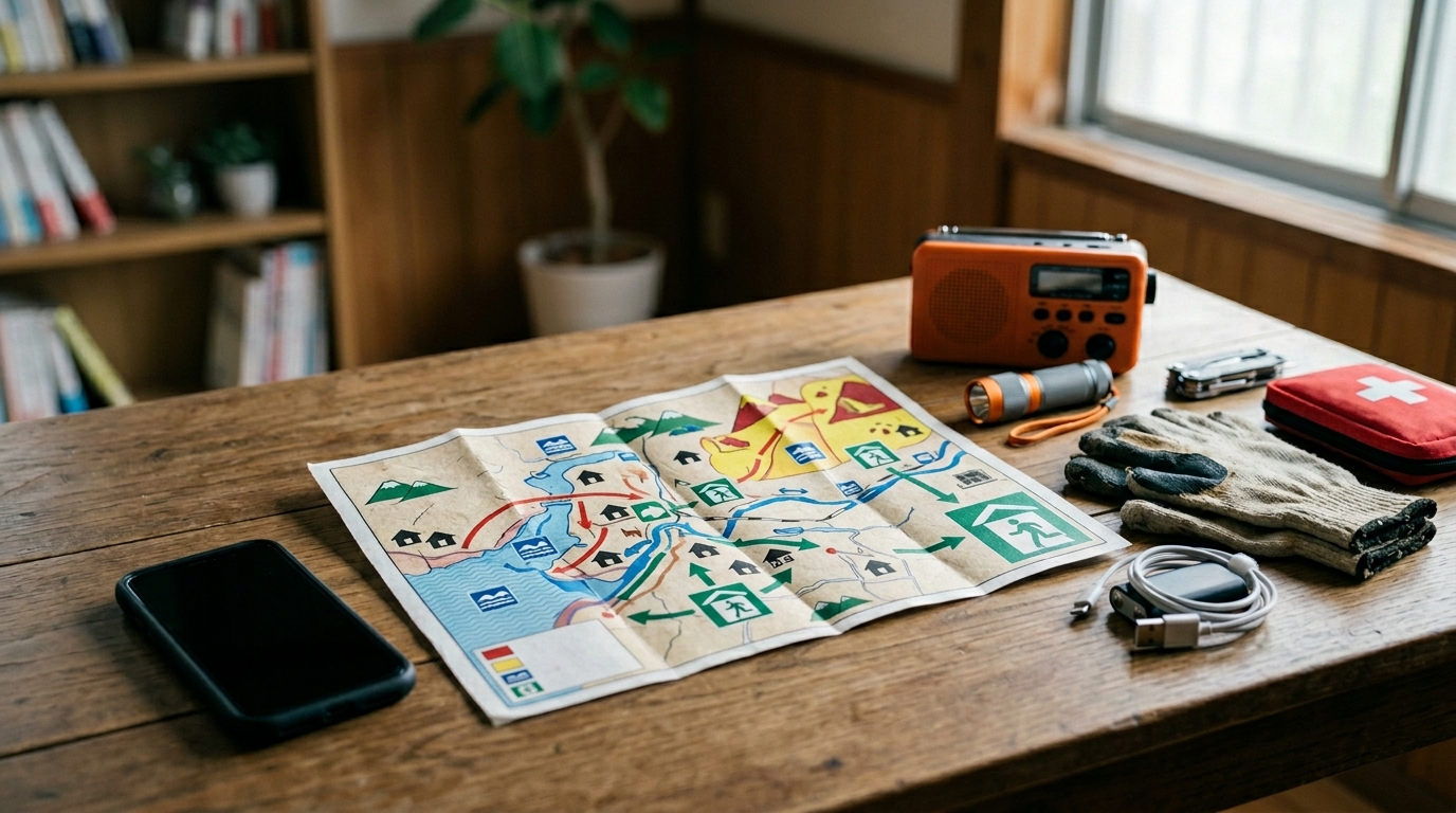 ハザードマップとJackery UPSの使い方をイメージした防災風景