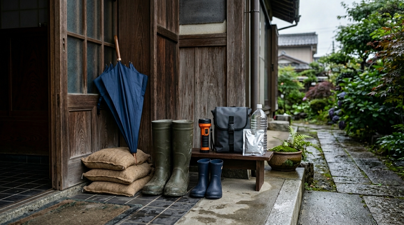 津波被害想定図や避難標識、防災情報を並べた巨大津波対策のイメージ
