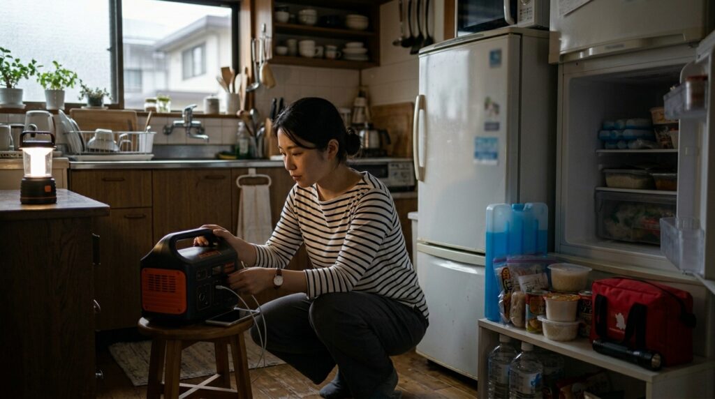 キッチンで食品の保存状態や賞味期限を確認しながら安全性について考える様子を表すイメージ画像