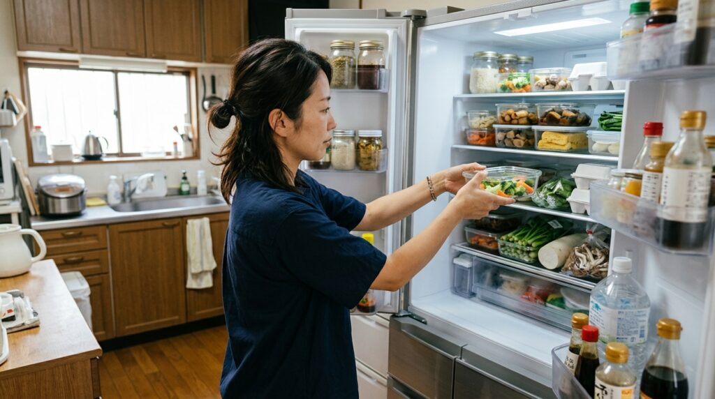 非常食や食品の保管状況を確認しながら備蓄品を整理する様子を表すイメージ画像
