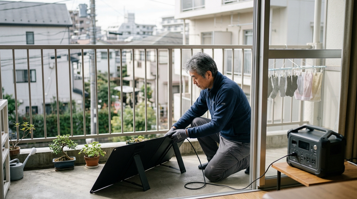 防災クイズ豆知識で学ぶ災害対策を実践しながら、備蓄品の確認や防災準備を行う男性のイメージ