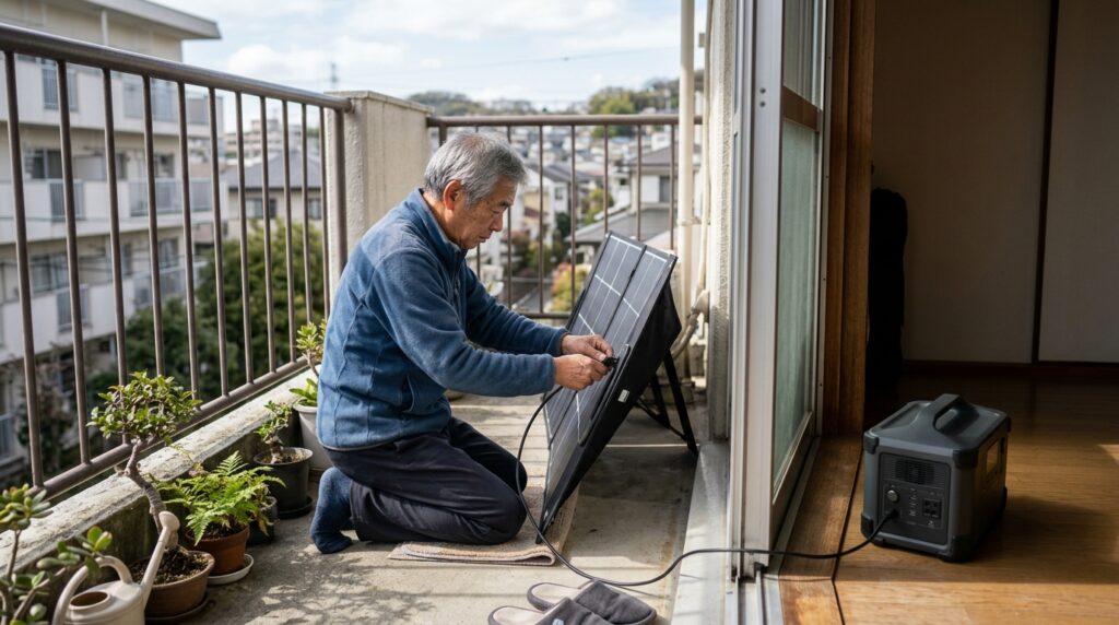ソーラーパネルを設置しながらポータブル電源の活用を検討する防災備蓄のイメージ画像