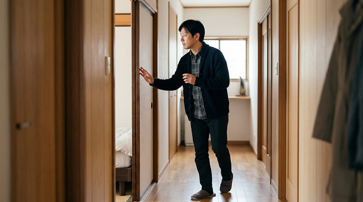 防災士国家資格化の動向を調べながら、家の中で防災知識を確認する男性の様子