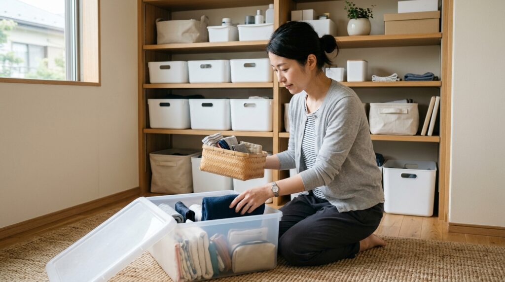 収納ボックスに防災用品を整理しながら、大雨への備えを確認しているイメージ