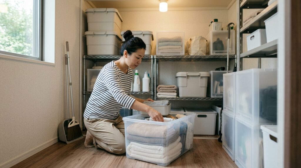 防災クイズ豆知識で学ぶ災害対策をテーマに、備蓄品の整理や防災意識の向上を表すイメージ画像