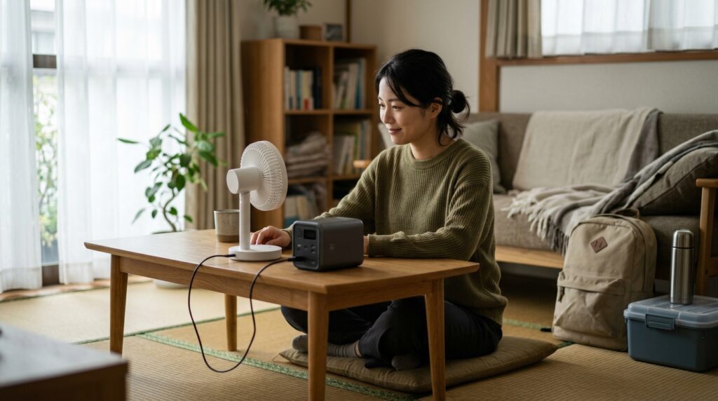ポータブル電源を使いながら扇風機を動かし、停電対策を行う家庭内のイメージ