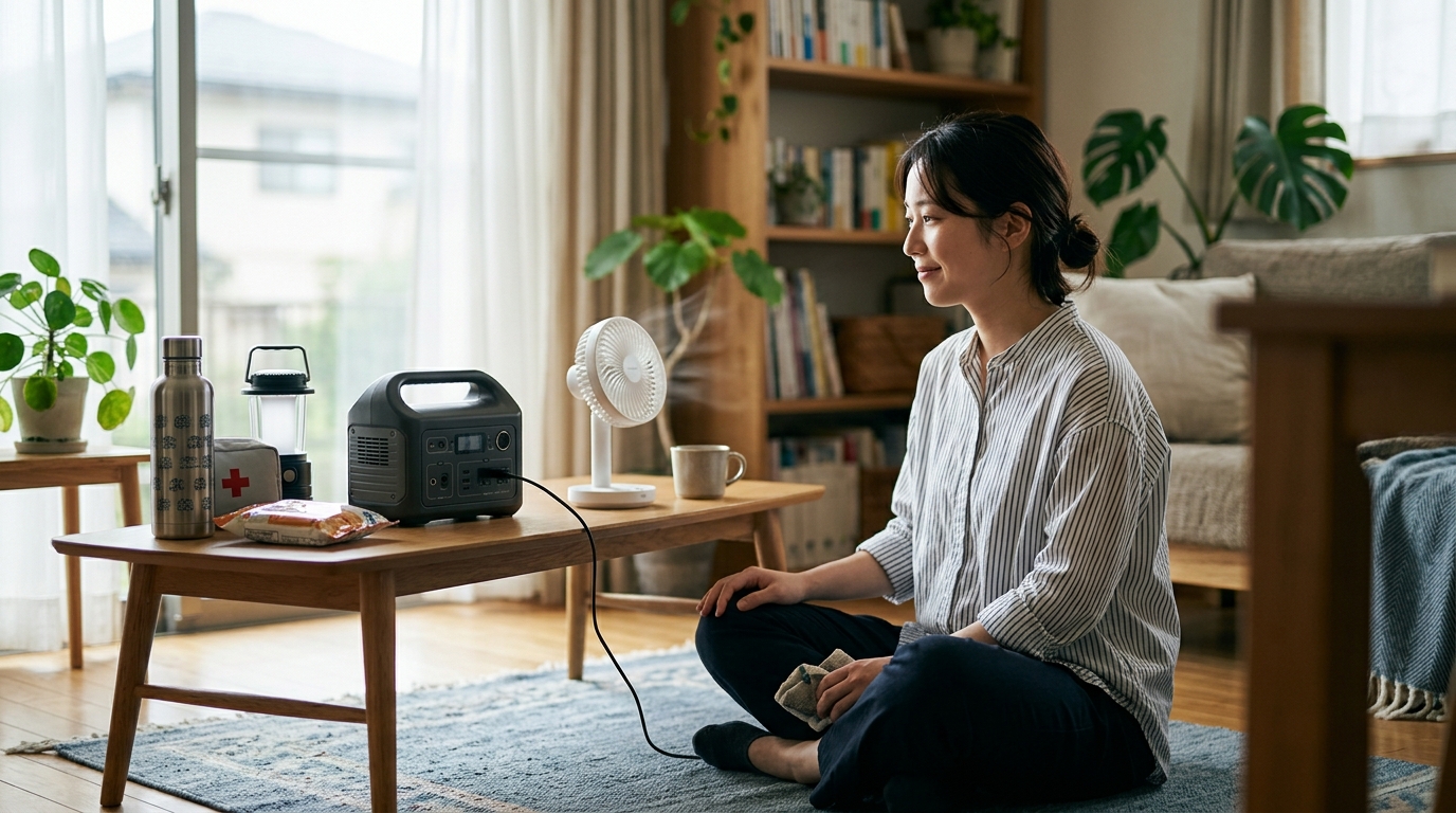 リチウムイオン電池の劣化対策を調べながら、女性が防災用ポータブル電源を室内で確認している場面