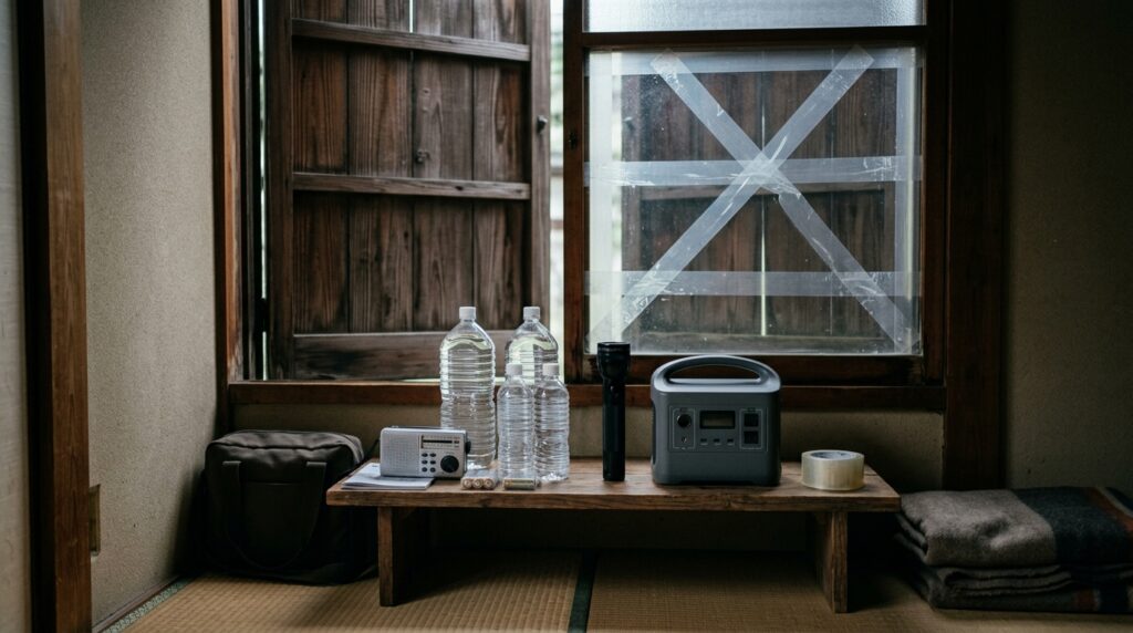 備品や調味料を確認しながら、防災備蓄の賞味期限を管理するイメージ