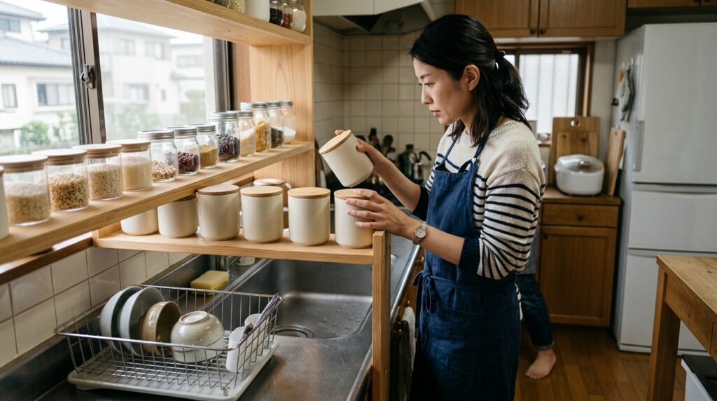 棚の整理整頓をし、防災準備を確認しているイメージ