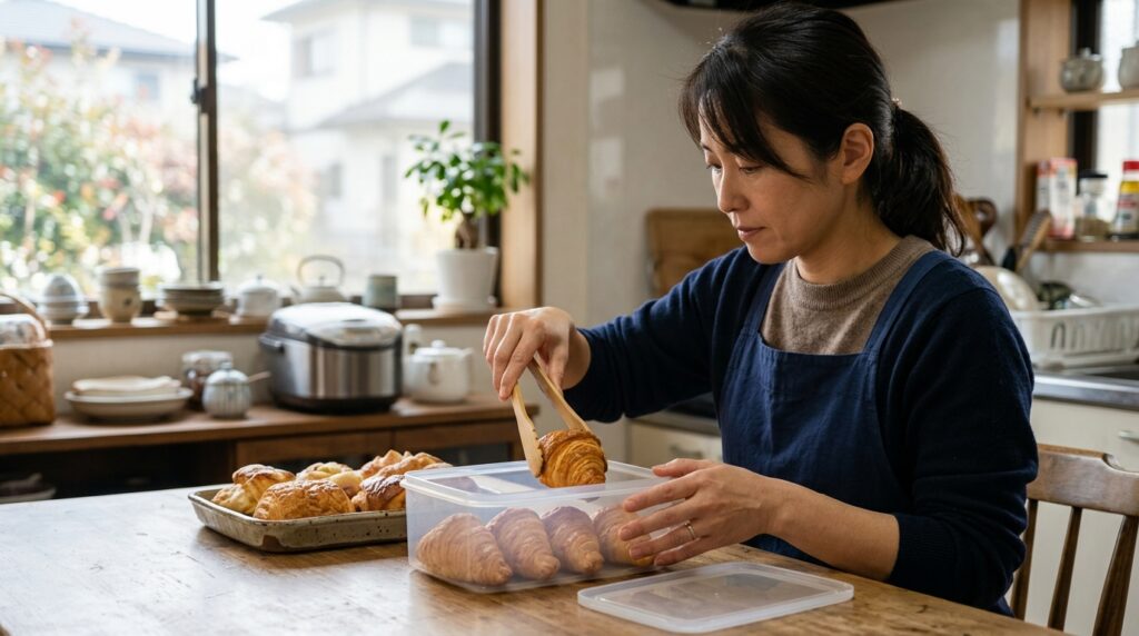 うなぎパイや保存食品を確認しながら、賞味期限や備蓄管理を見直しているイメージ