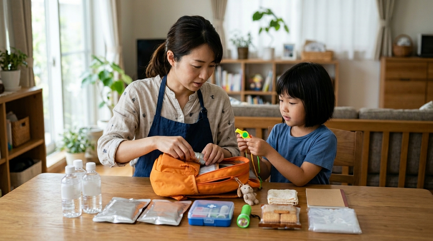 焼肉のたれや保存食品などを整理しながら、備蓄の賞味期限をチェックする女性のシーン