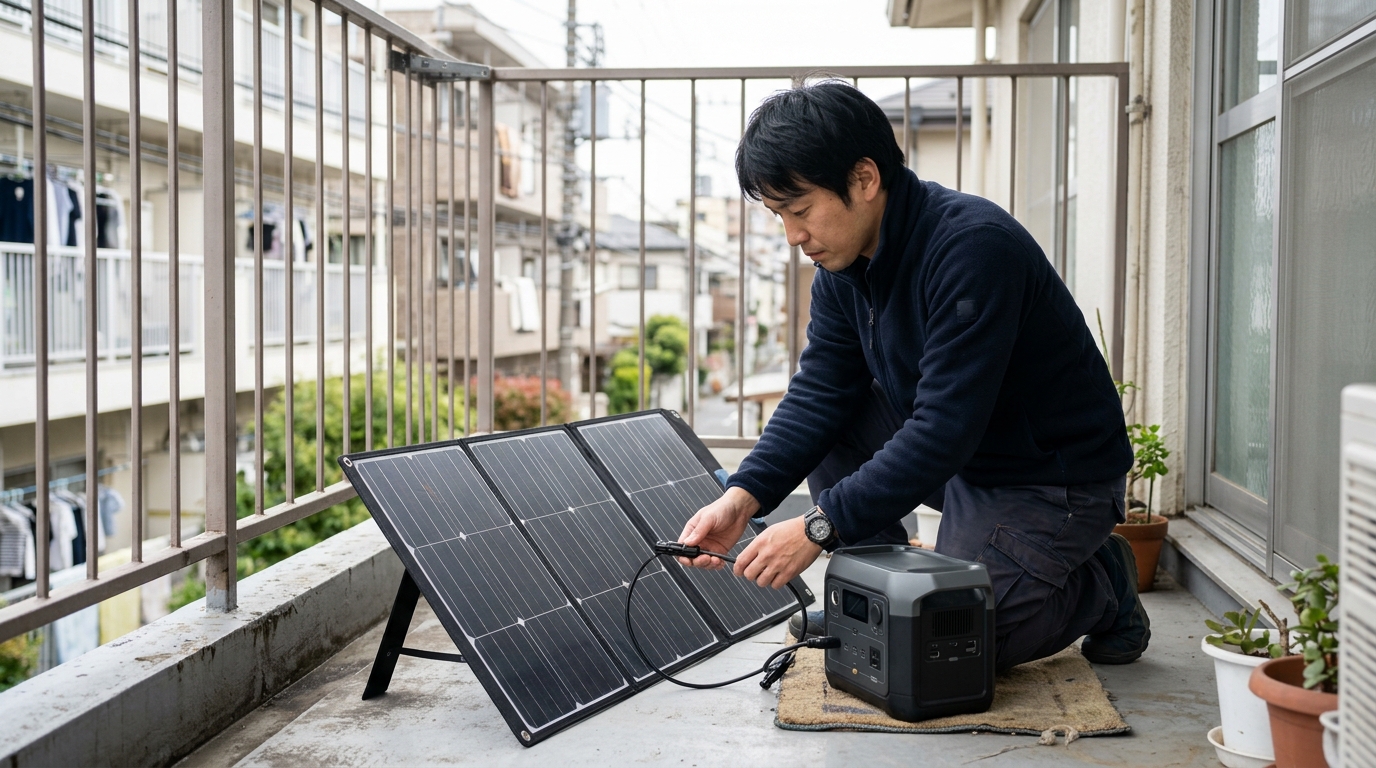 太陽光発電を防災準備を見直している男性の様子