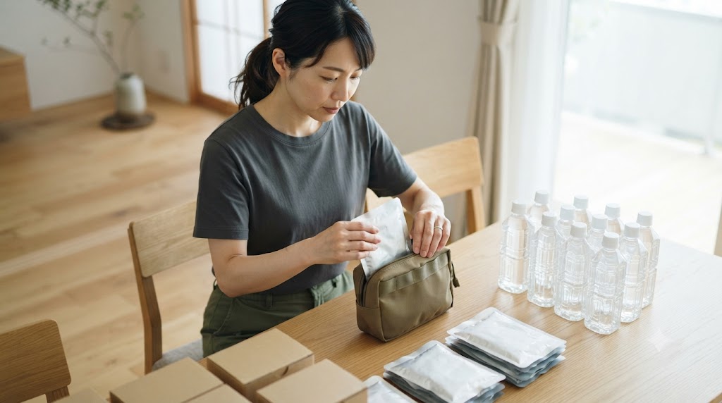高カロリー非常食を整理した備蓄を表すイメージ画像