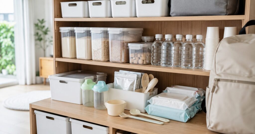 1歳児の非常食選びや備蓄のポイントを考え、乳幼児向け防災用品を準備する様子を表すイメージ画像