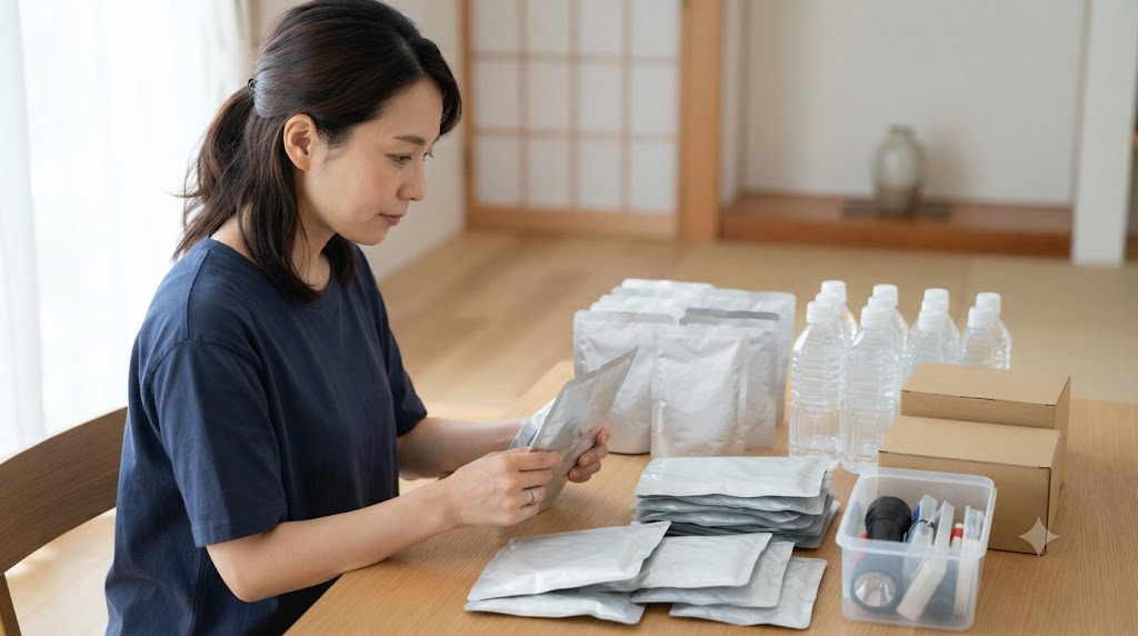 長期保存非常食を整理した収納を表すイメージ画像
