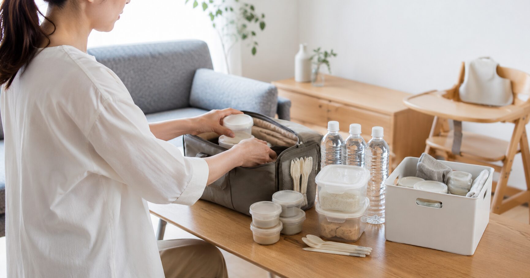 1歳児の非常食をどう選ぶかを考え、子どもの備蓄品を丁寧に整理しながら準備を進める母親をイメージした画像