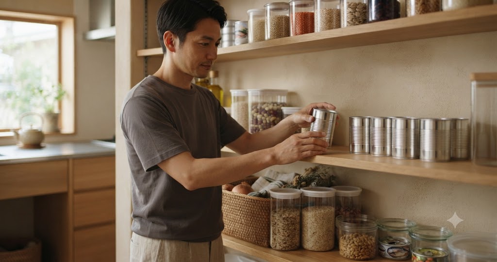 長期保存食品の整理収納を表すイメージ画像