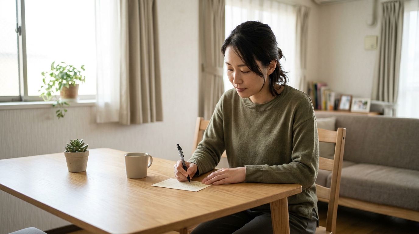 防災カードを確認する日本人女性