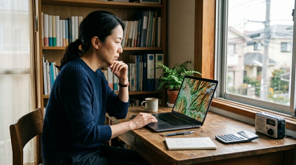 QGISでDEMを確認する日本人女性
