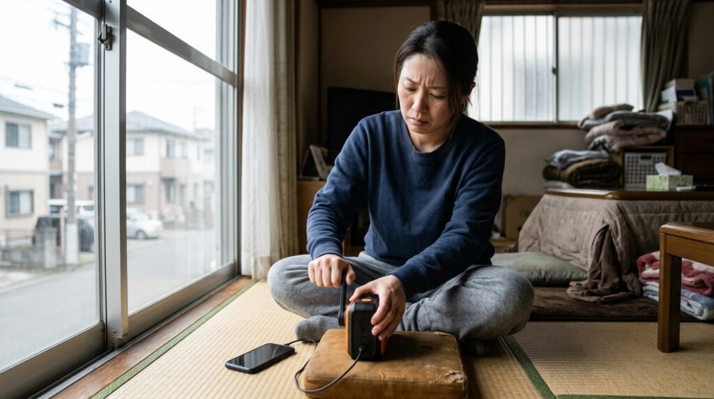 手回し充電器を回す日本人女性
